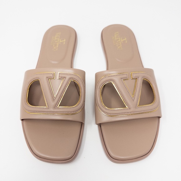 Valentino Garavani Vlogo Cutout Leather Flat Sandals 37 EU 7 US Gold Trim Logo